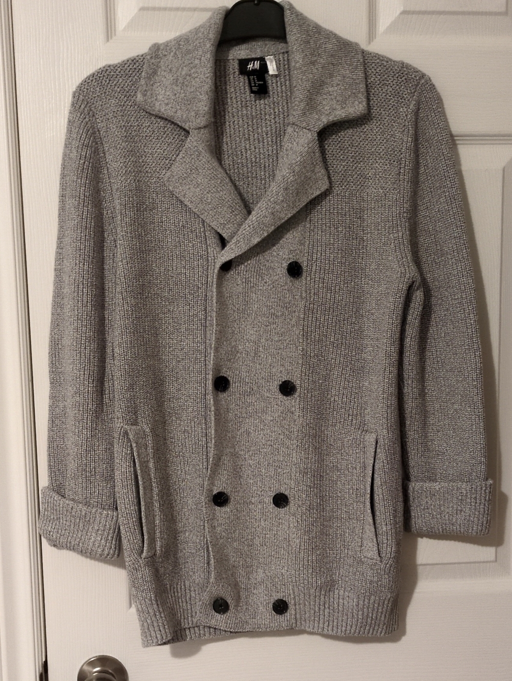 H&M Men’s Double-Breasted Pea Coat Cardigan in Light Gray